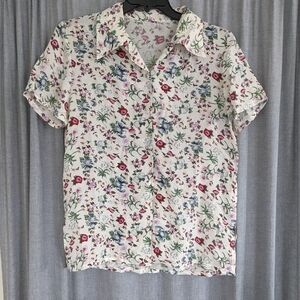 Silk Blouse Top Women's L/XL White Floral Collared Butch Grandma Asian Boho